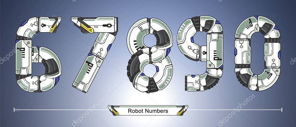 Vector graphic numbers in a set 6,7,8,9,0 with Abstract Robot white set style futuristic technology and modern. Typography design for posters, logos, cover, etc.