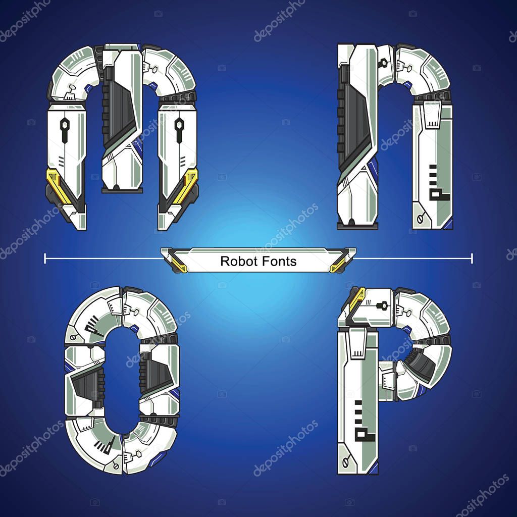Vector graphic alphabet in a set M,N,O,P, with Abstract Robot white set style futuristic technology and modern. Typography design for posters, logos, cover, etc.