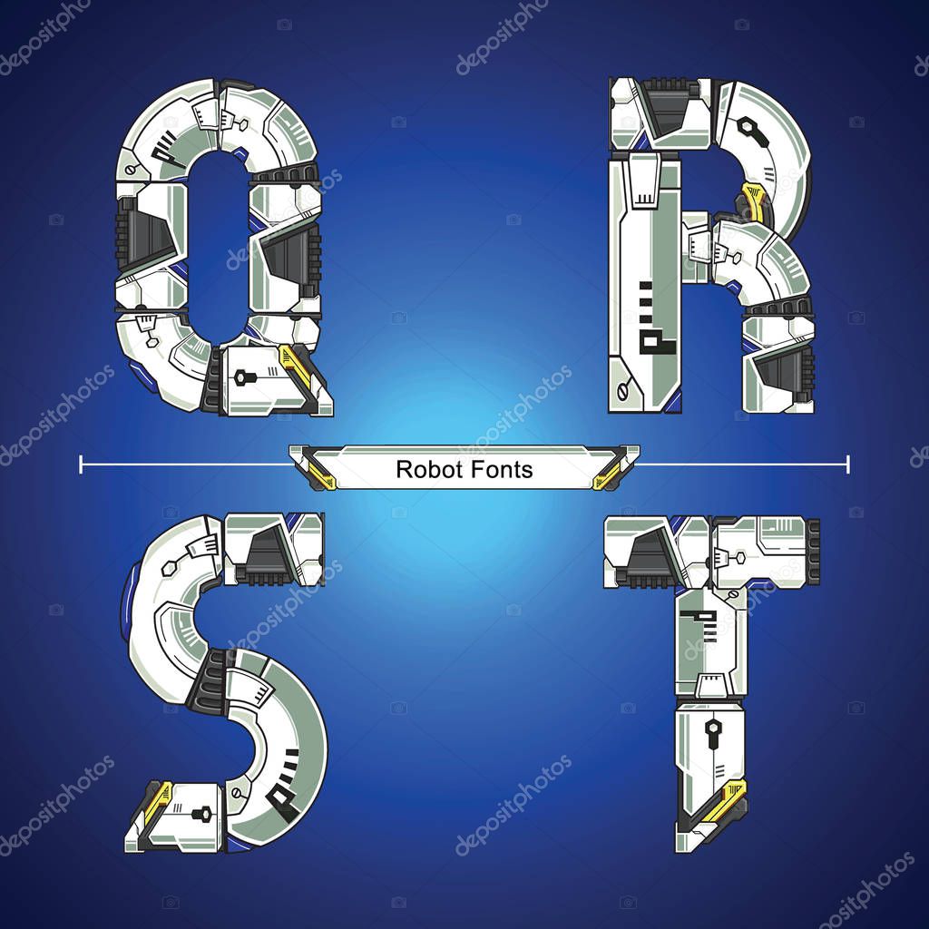 Vector graphic alphabet in a set Q,R,S,T, with Abstract Robot white set style futuristic technology and modern. Typography design for posters, logos, cover, etc.