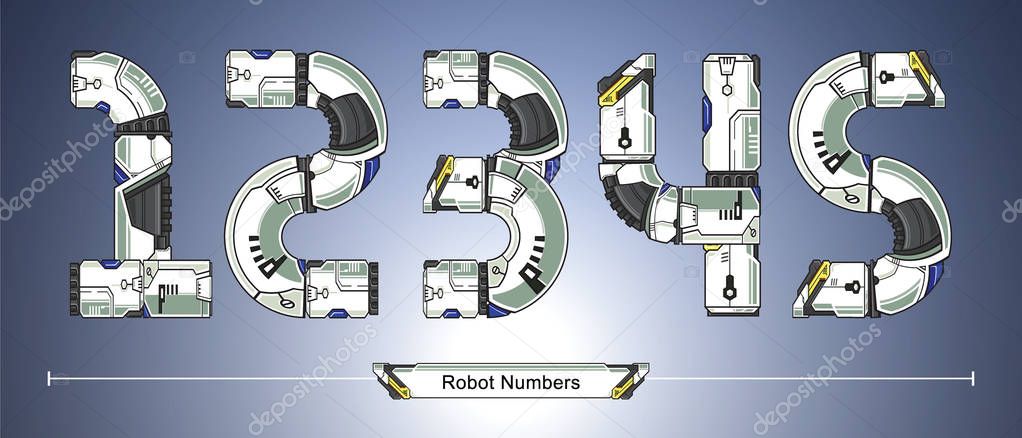 Vector graphic numbers in a set 1,2,3,4,5 with Abstract Robot white set style futuristic technology and modern. Typography design for posters, logos, cover, etc.