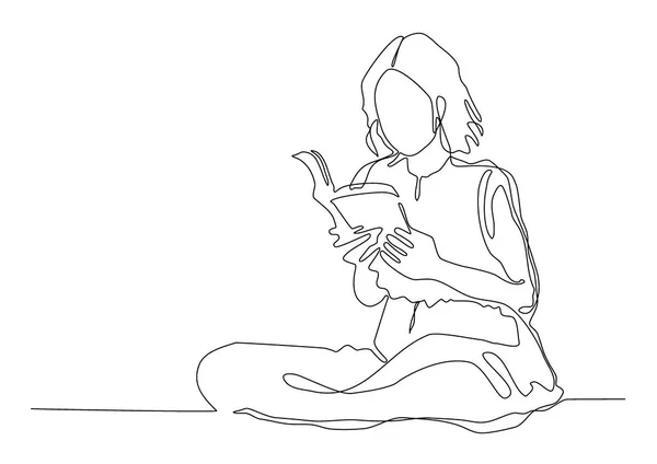 Ligne continue dessinant femme. Fille assise lisant un livre — Image vectorielle
