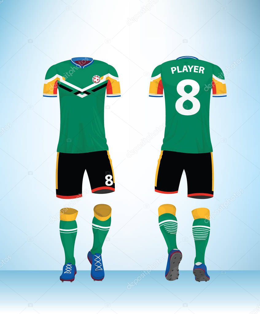 Soccer jersey or football t-shirt mock up. Front and back view green white uniform. Vector Illustration.