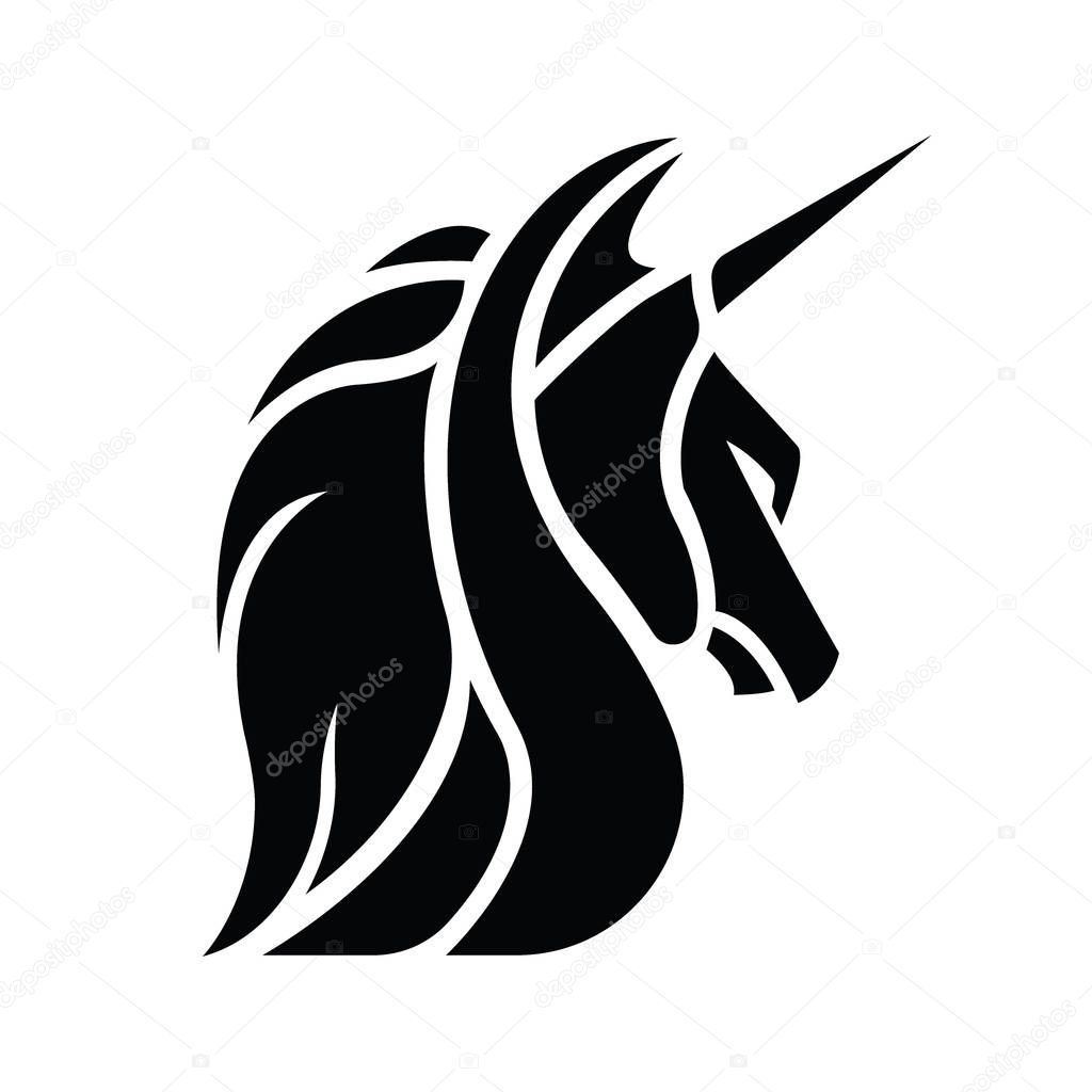 Black silhouette of unicorn head logo. vector flat icon isolated on white background. fantasy logo.