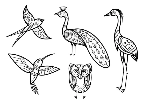 Mignon dessin à la main oiseaux ensemble coloriage vecteur de page — Image vectorielle