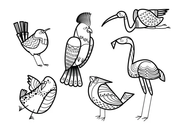 Sevimli el çizilmiş kuşlar set boyama sayfa vektör — Stok Vektör