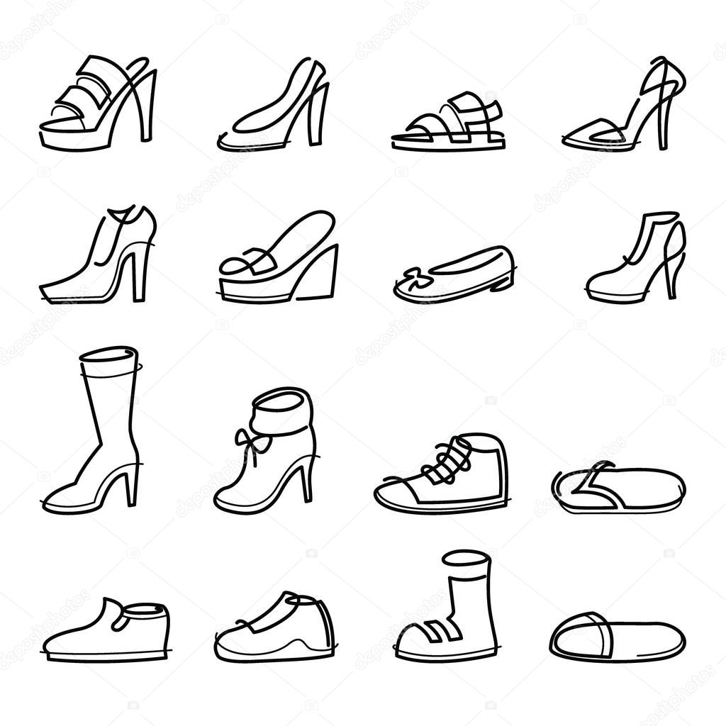 Vector illustration of Set hand drawn graphic Men and women Footwear, shoes. Casual and sport style. Continuous line style Design isolated object.