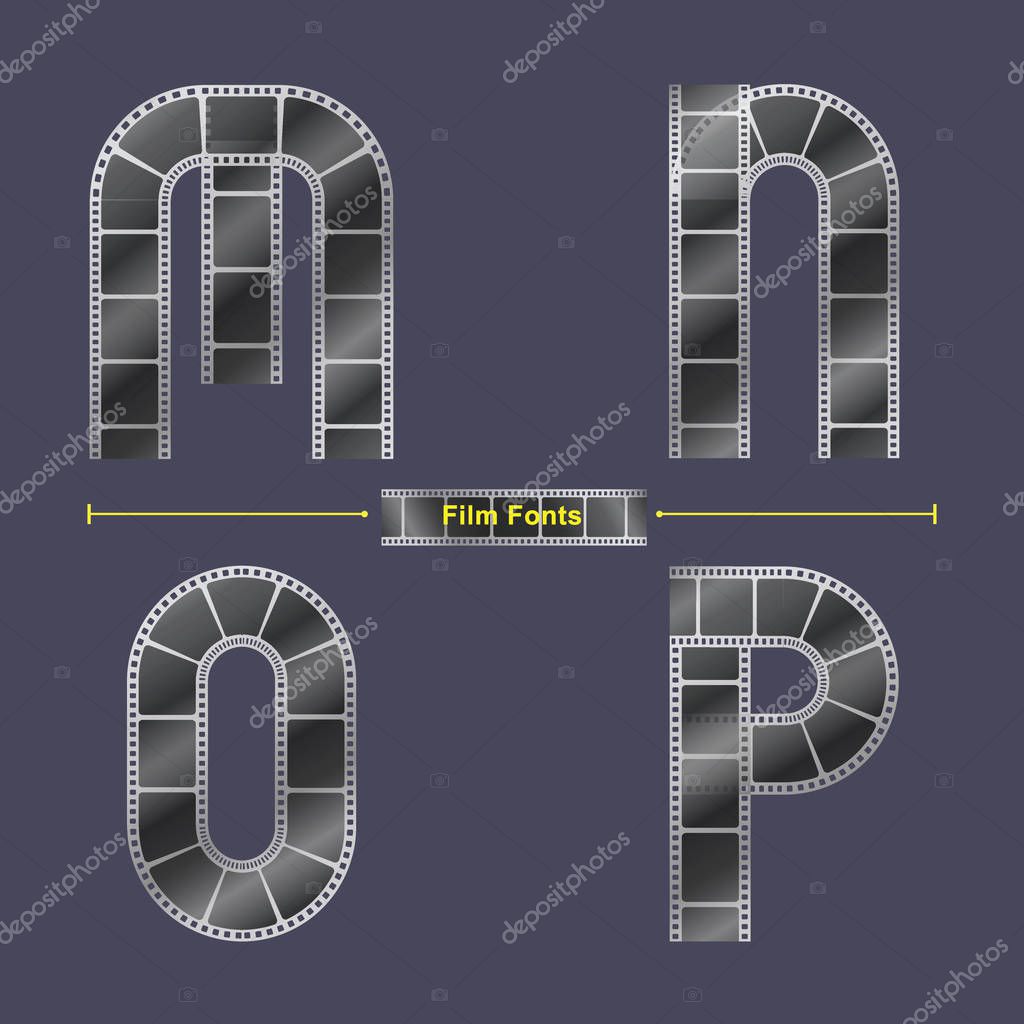 Vector graphic alphabet in a set M,N,O,P, with Abstract Film stripe. Typography design for posters, logos, cover, etc.