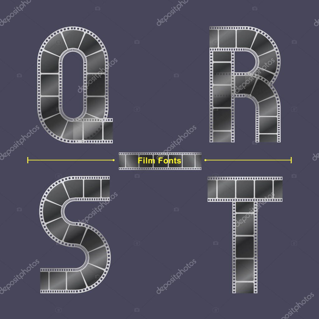 Vector graphic alphabet in a set Q,R,S,T, with Abstract Film stripe. Typography design for posters, logos, cover, etc.