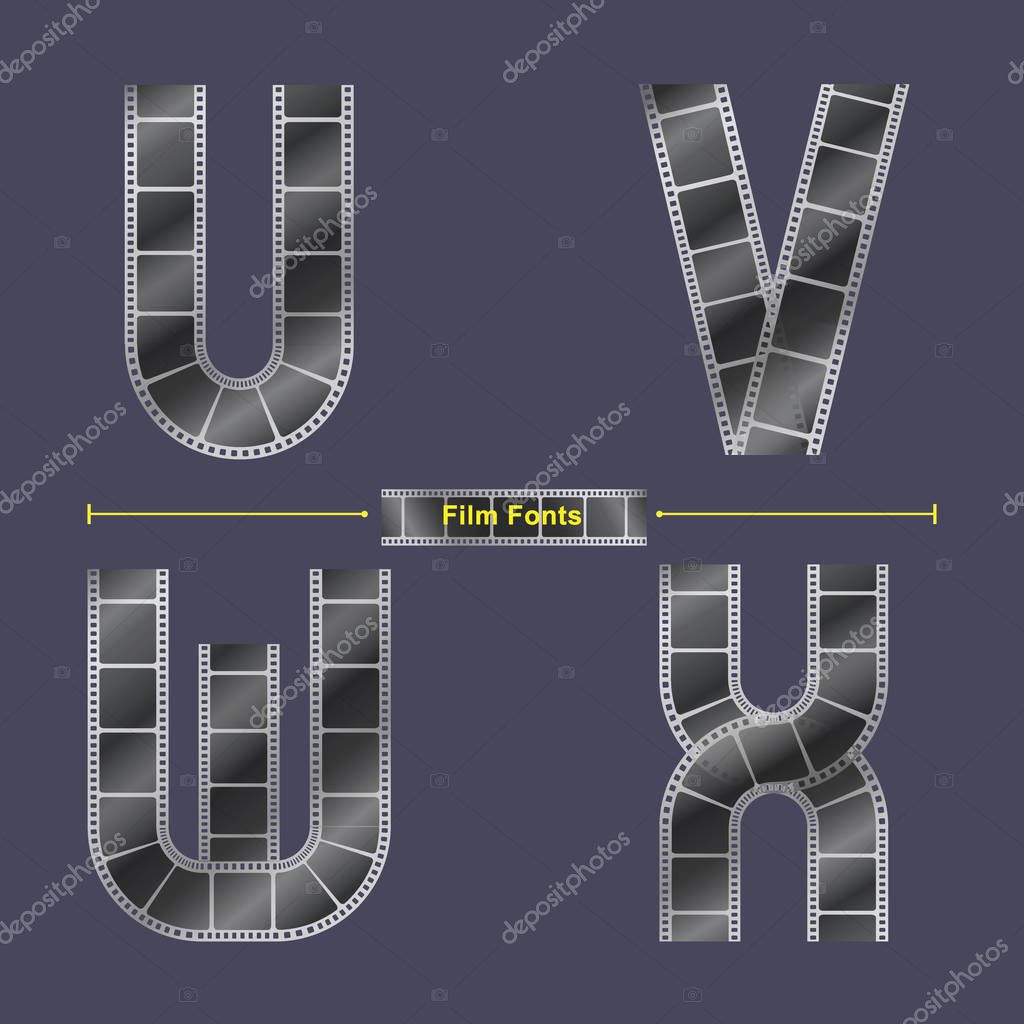 Vector graphic alphabet in a set U,V,W,X, with Abstract Film stripe. Typography design for posters, logos, cover, etc.