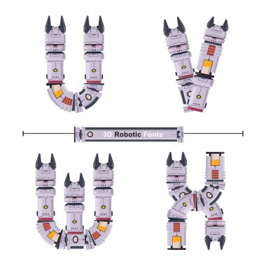 Alfabe Tipografi Font 3d Robotik tarzı bir dizi Uvwx