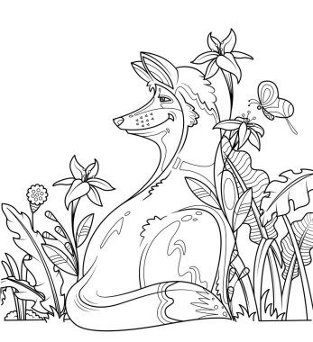 Yetişkin boyama kitabı, bahçede rahatlamak için süslemeli arka planı olan bir köpeğin sayfası. Zen sanat tarzı illüstrasyon.