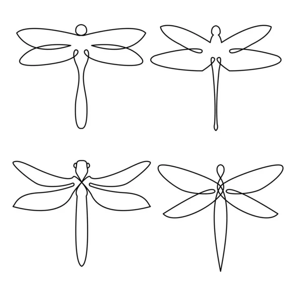蜻蜓连续线画元素设置隔离在白色背景上 简约雅致的标志设计 线条艺术风格 矢量说明 — 图库矢量图片