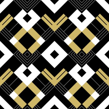Çizgili ve çizgili soyut geometrik desen. Kusursuz bir vektör arka planı. Altın siyah ve beyaz doku.