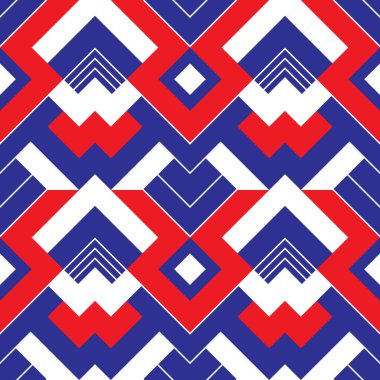 Çizgili ve çizgili soyut geometrik desen. Kusursuz bir vektör arka planı. Mavi, kırmızı ve beyaz doku.