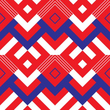 Çizgili ve çizgili soyut geometrik desen. Kusursuz bir vektör arka planı. Kırmızı, Mavi ve Beyaz desen.