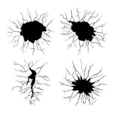 Beyaz arka planda bir takım çatlaklar izole edildi. Ayna ya da Zemin Yüzeyi. Deprem, Kurşun Deliği, Tasarım için Tek Renkli Grunge dokusu. Vektör İllüstrasyonu.