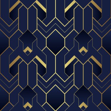 Vektör modern geometrik fayans deseni. Altın şekilli lacivert bir lüks. Soyut sanat deco dikişsiz arkaplan.