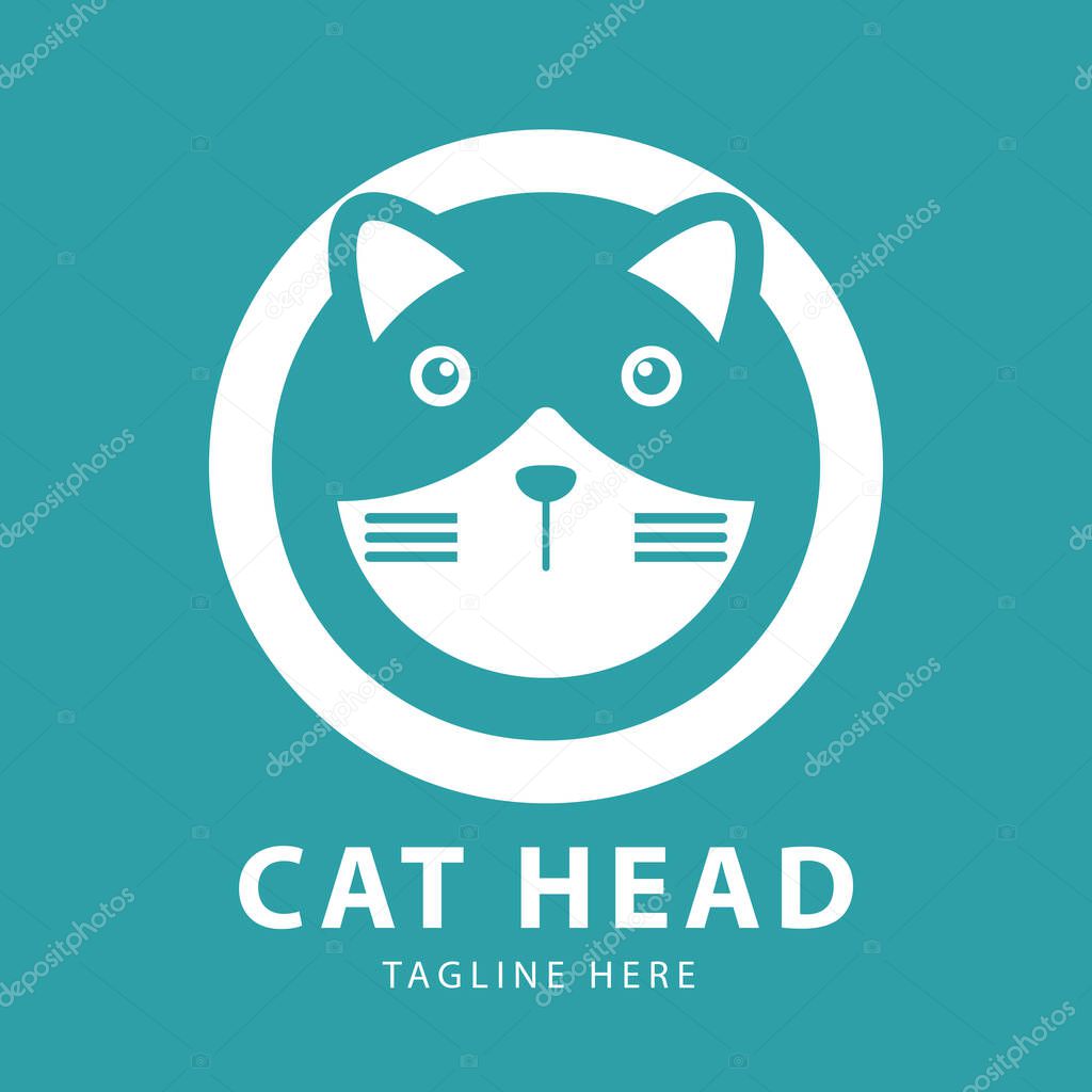 Animal Cute Cat Logo circle Vector Design Template. Abstract White linear on red background.