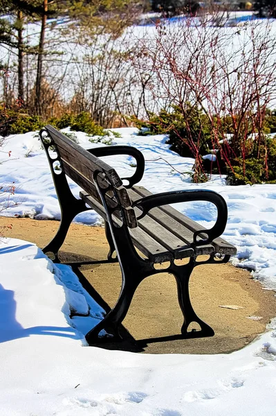 A wooden bench in winter with no snow underneath it — Stock Photo, Image