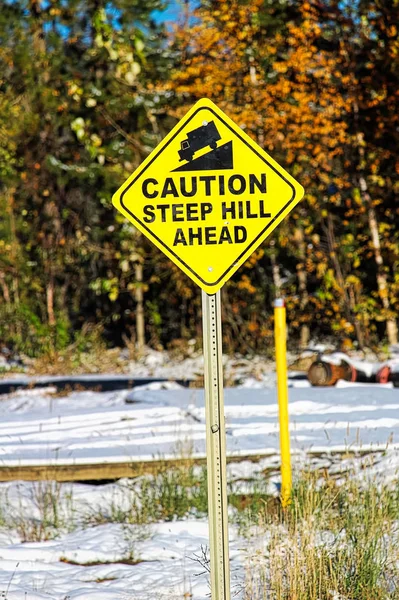 Yellow Caution Steep Hill Ahead Sign — Stock Photo, Image