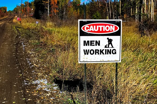 Caution Men Working Sign Road — Stock Photo, Image