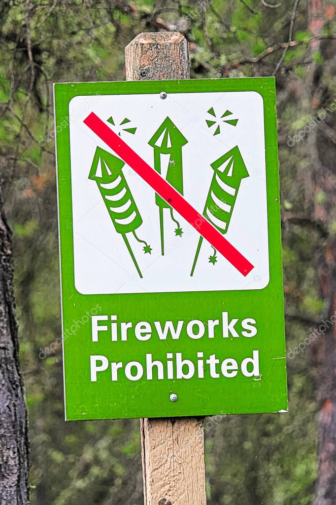 Closeup of a green fireworks prohibited sign.