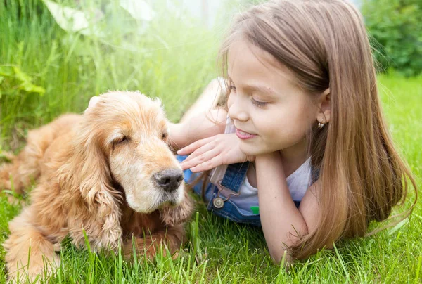 Petite Fille Avec Son Vieil Ami Cocker Spaniel — Photo