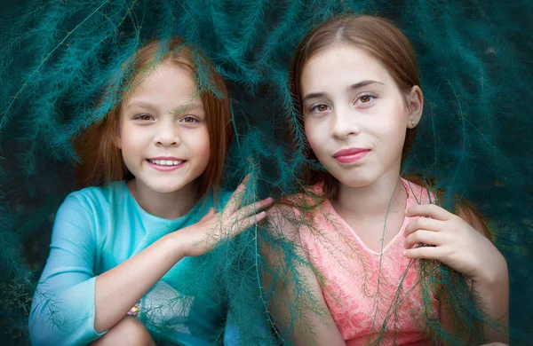 Retrato Duas Crianças Com Cabelos Vermelhos Nos Arbustos Processamento Arte — Fotografia de Stock