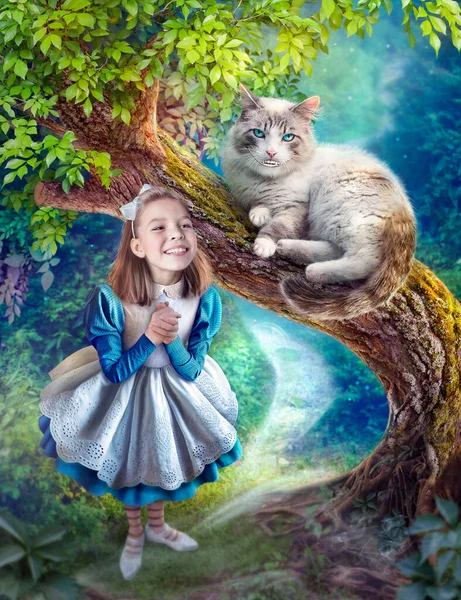 Fotomanipulatie Alice Wonderland Cheshire Cat Rechtenvrije Stockfoto's