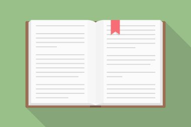 Açık kitap, uzun gölgeli düz tasarım, vektör eps10 illüstrasyon