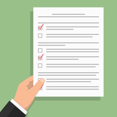 Testi veya anket, düz tasarım görüntü, vektör eps10 resimde beyaz kağıt tutan el