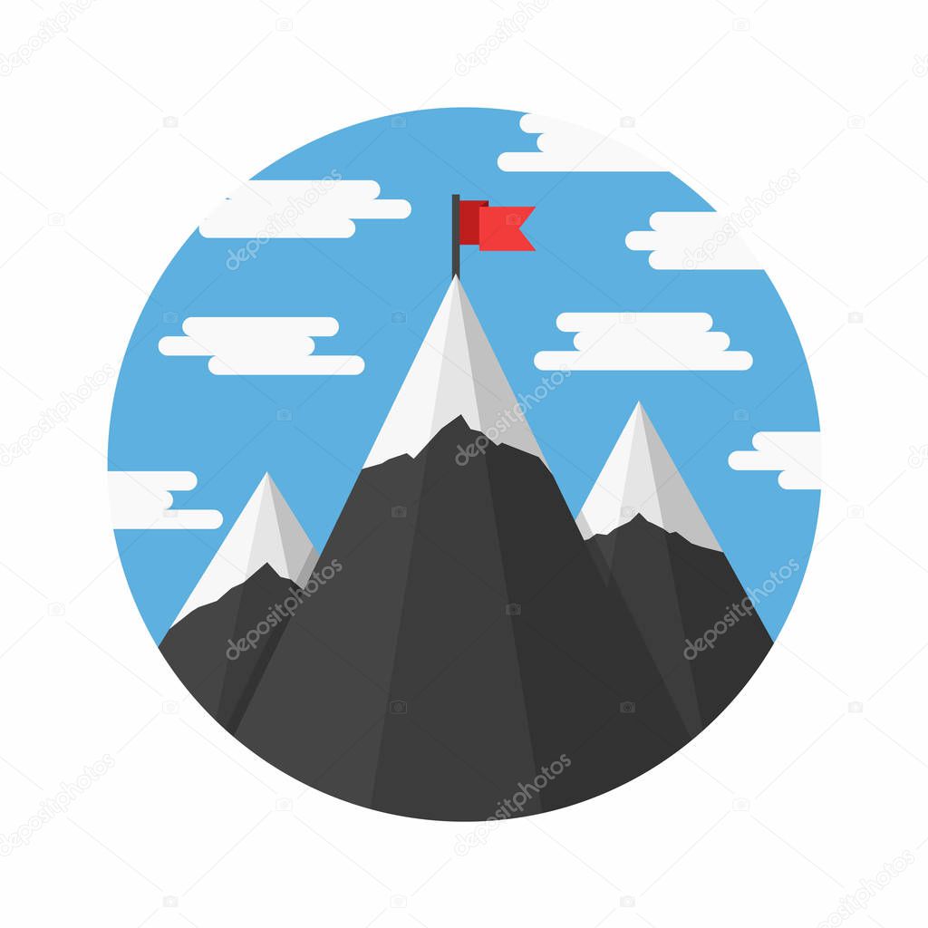 Mountains with flag on background of blue sky with clouds, success or mission concept, vector eps10 illustration