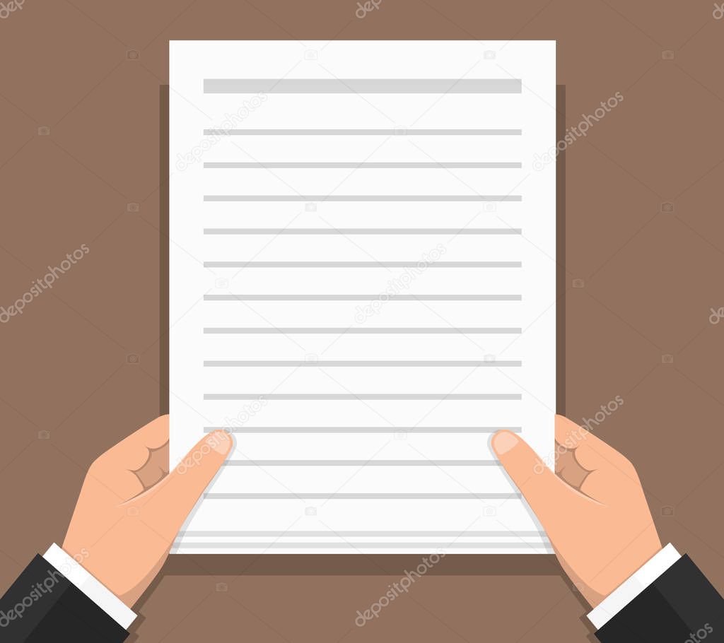 Hands holding white paper with text - document, contract, agreement, newspaper, etc, flat design, vector eps10 illustration