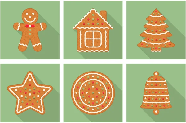 Set Van Peperkoek Kerstkoekjes Met Lange Schaduwen Man Boom Huis — Stockvector