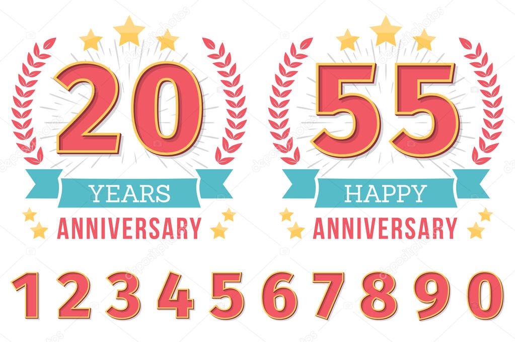 Anniversary emblem with ribbon, stars and laurel wreath, create your anniversary emblems, set of numbers included, vector eps10 illustration