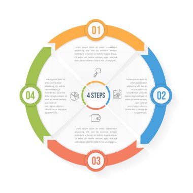 Dört elementi, adımı veya seçeneği, iş akışı veya süreç diyagramını, veri vizülasyonunu, vektör eps10 illüstrasyonunu içeren çember bilgi şablonu