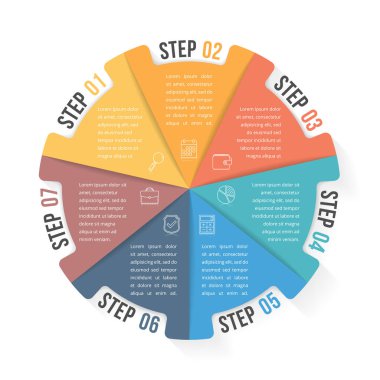 Yedi elementi, adımı veya seçeneği, iş akışı veya süreç diyagramını, vektör eps10 illüstrasyonunu içeren çember bilgi şablonu
