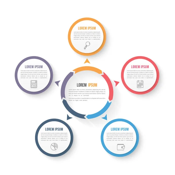 Szablon Infograficzny Okręgu Pięcioma Elementami Krokami Lub Opcjami Schematem Przepływu — Wektor stockowy