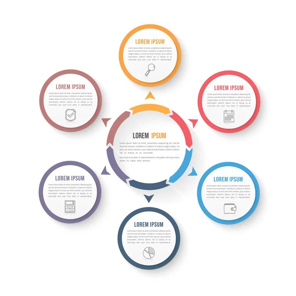 Cercle Modèle Infographique Avec Six Éléments Étapes Options Diagramme Flux — Image vectorielle