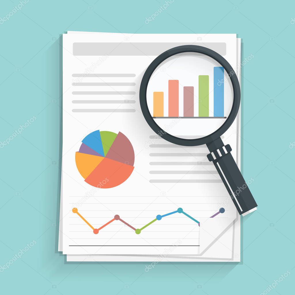 Papers with business report and magnifying glass, vector eps10 illustration