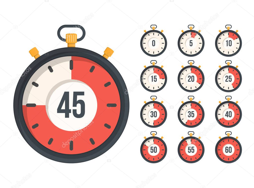 Stopwatch with different time, flat design, vector eps10 illustration