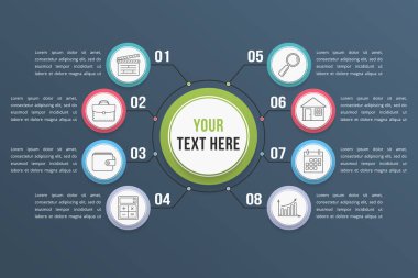 Sekiz adım veya seçenekli bilgi şablonu, iş akışı, süreç diyagramı, vektör eps10 illüstrasyonu