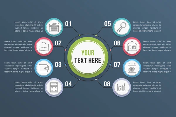 Sekiz adım veya seçenekli bilgi şablonu, iş akışı, süreç diyagramı, vektör eps10 illüstrasyonu