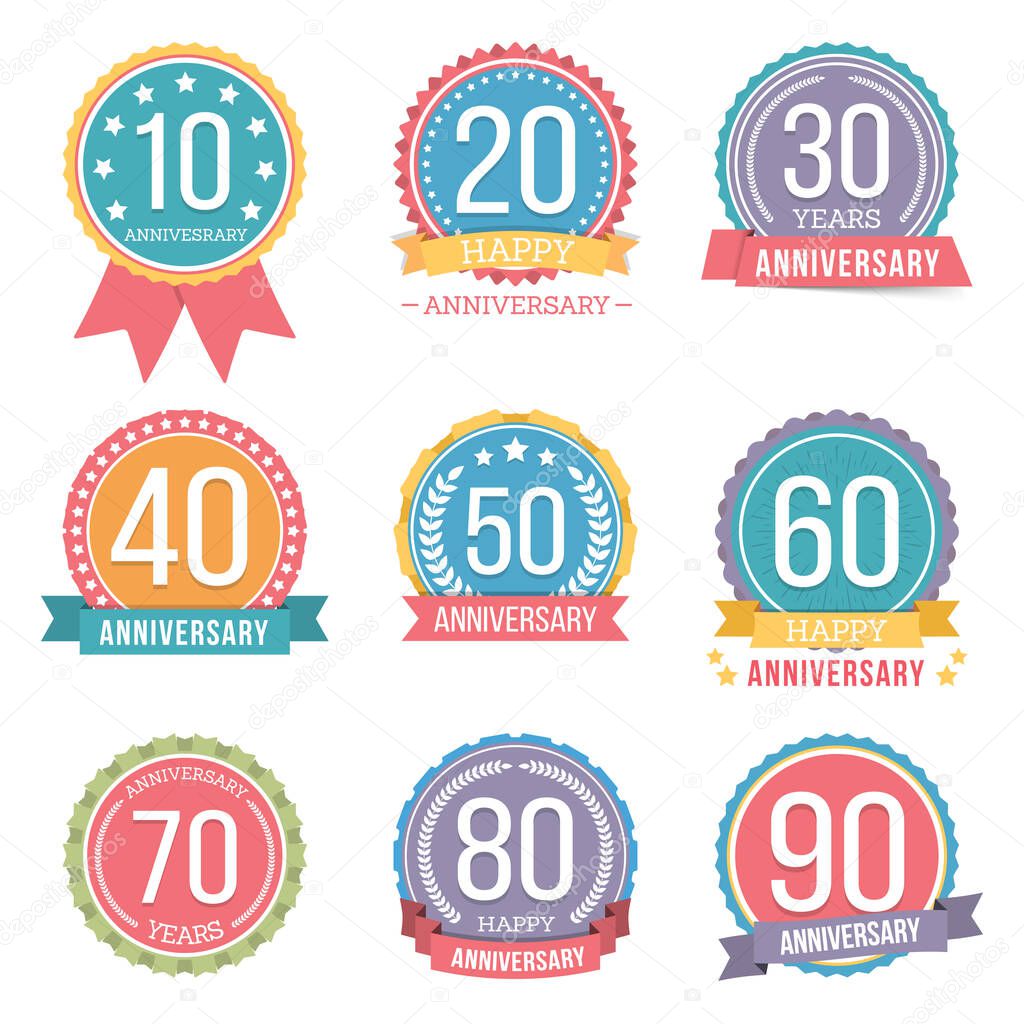 Set of round anniversary emblems with ribbons, vector eps10 illustration