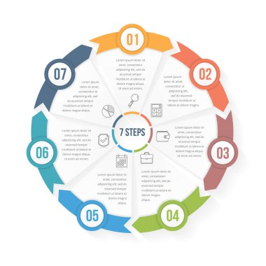 Çember bilgi şablonu yedi element, adım veya seçenek, iş akışı veya süreç diyagramı, veri vizülasyonu, vektör eps10 illüstrasyonu