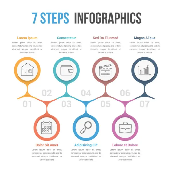 Yedi Sıçramalı Veya Seçenekli Bilgi Şablonu Ticari Bilgi Grafikleri Süreç — Stok Vektör