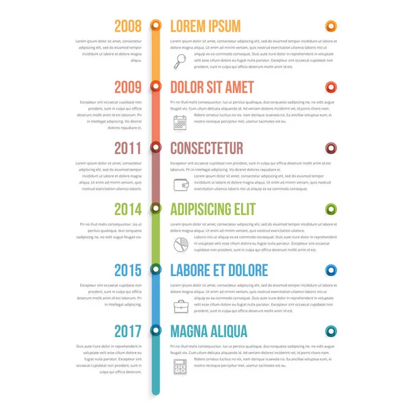 Modello Infografica Timeline Verticale Colorata Flusso Lavoro Diagramma Processo Illustrazione — Vettoriale Stock