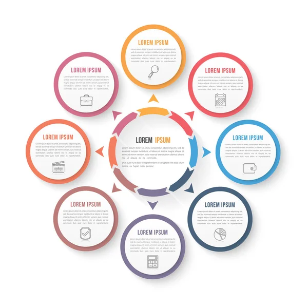 Cirkel Infografische Template Met Acht Elementen Stappen Opties Workflow Procesdiagram — Stockvector