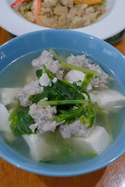 Kokt Kål Med Ägg Tofu Och Fläskfärs Soppa — Stockfoto