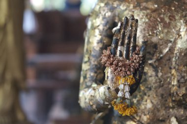 El Buda heykeli ve eski Yasemin Çelenk ler o altın yaprak ekle